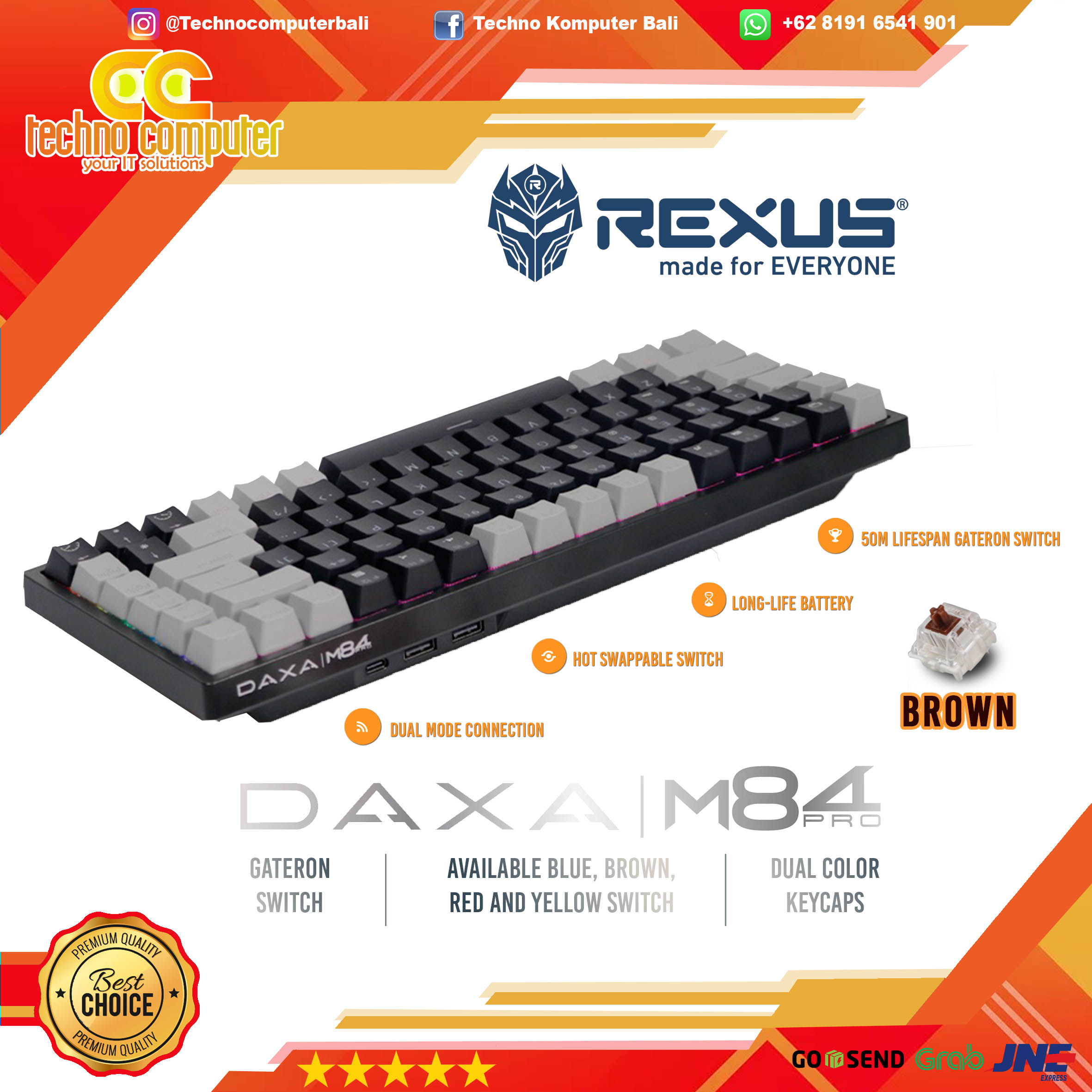 REXUS DAXA M84 PRO Black - Mechanical Brown Switch - Gaming Keyboard