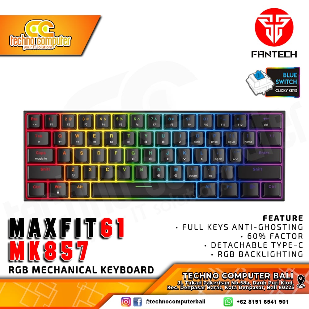 FANTECH MAXFIT61 MK857 60% Black - Mechanical Blue Switch - Gaming Keyboard