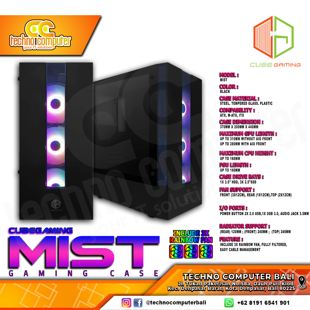 CASING CUBE GAMING MIST - Mid Tower ATX Case Tempered Glass (Free 3x RGB Fan)