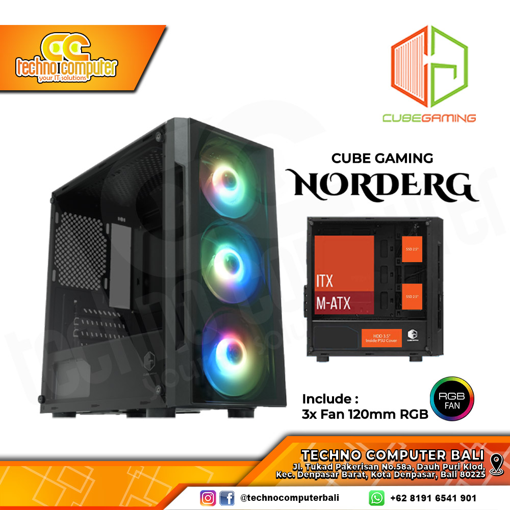 CASING CUBE GAMING NORDERG - Mid Tower mATX Case Tempered Glass - (Free 3x RGB Fan)