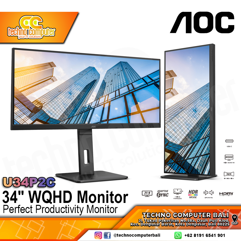 AOC U34P2C/70 Ultrawide Monitor - 34 inch, WQHD (3440 x 1440), IPS, 75Hz, 4ms