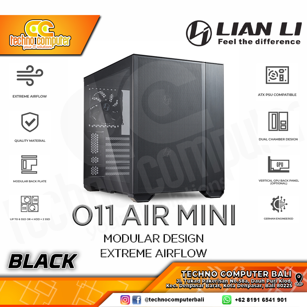 CASING LIAN LI O11 AIR MINI Black - Mid Tower ATX Tempered Glass (Free 3x Fan)