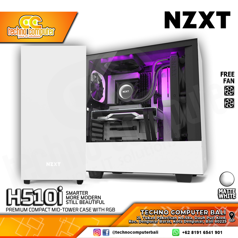 CASING NZXT H510i Matte White - Mid Tower ATX Case Tempered Glass (Free 2x Fan)