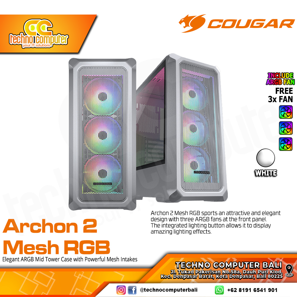 CASING COUGAR ARCHON 2 MESH RGB White - Mid Tower ATX Case Tempered Glass (Free 3x ARGB Fan)