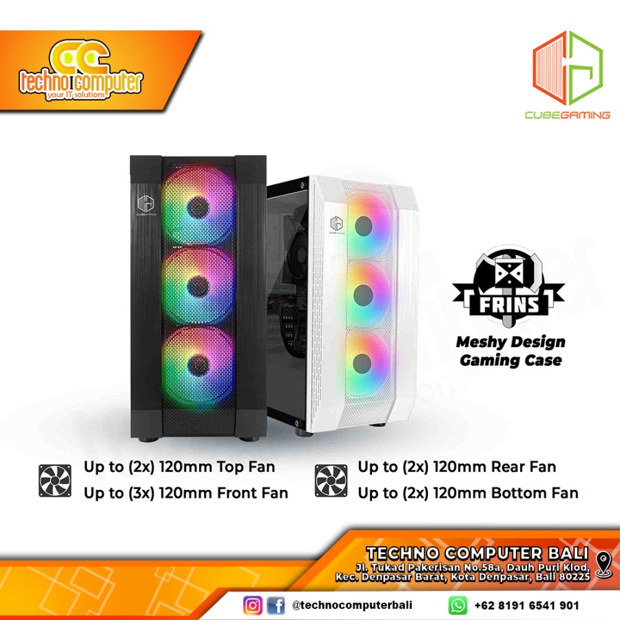 CASING CUBE GAMING FRINS White - Mid Tower ATX Case Tempered Glass (Free 3x RGB Fan)