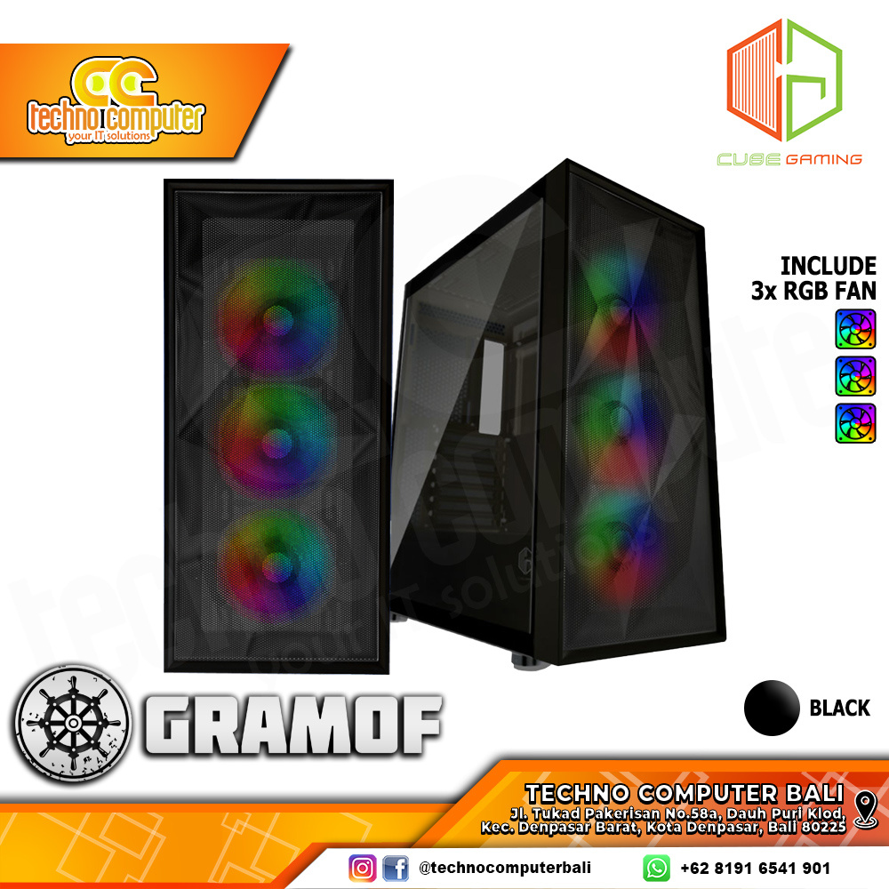 CASING CUBE GAMING GRAMOF Black - Mid Tower ATX Case Tempered Glass (Free 3x RGB Fan)