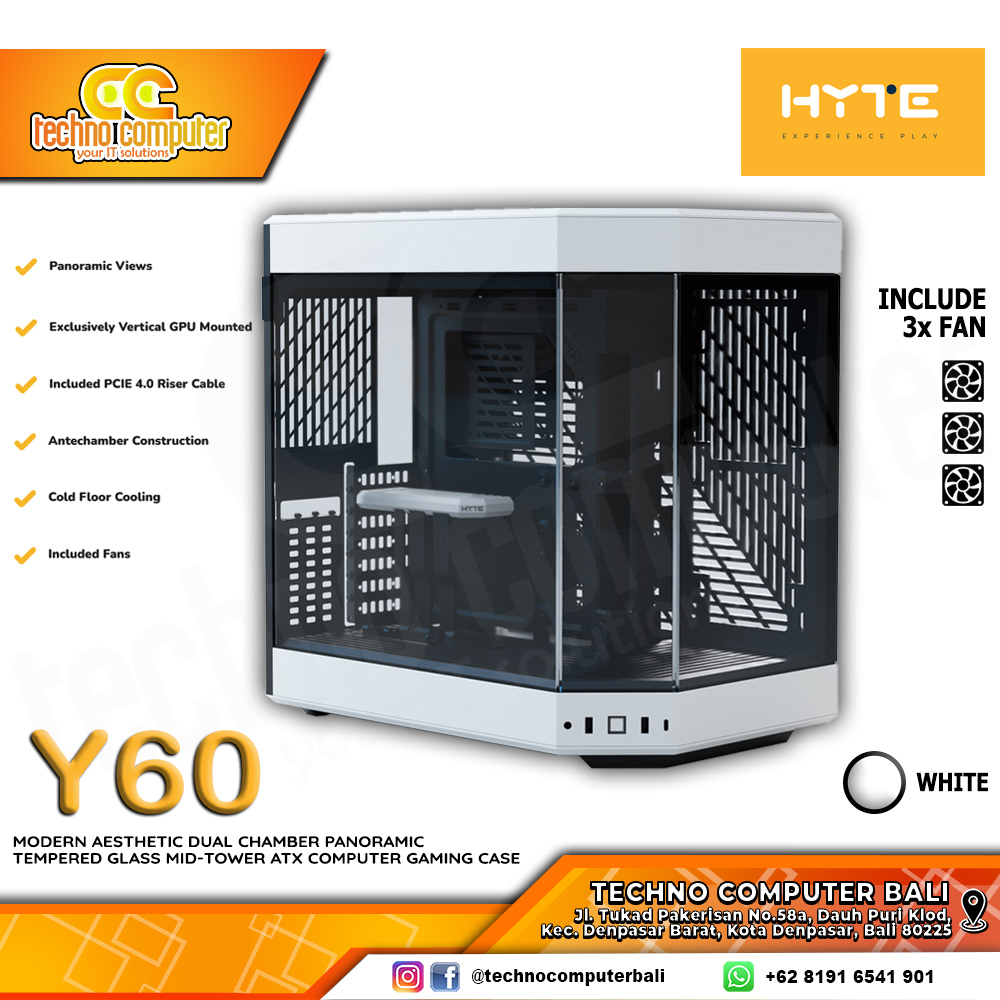 CASING HYTE Y60 White/Black - Modern Aesthetic Mid Tower ATX Case Tempered Glass (Free 3x Fan)
