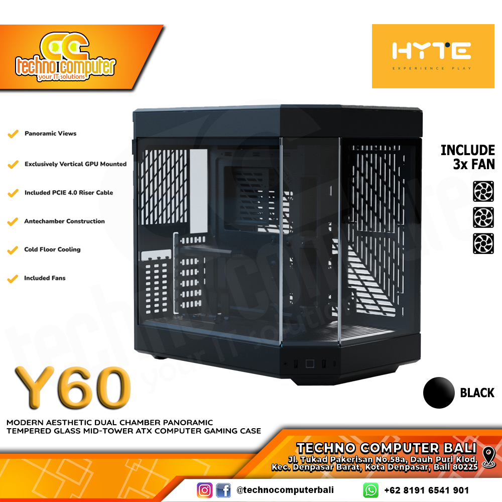 CASING HYTE Y60 Black - Modern Aesthetic Mid Tower ATX Case Tempered Glass (Free 3x Fan)