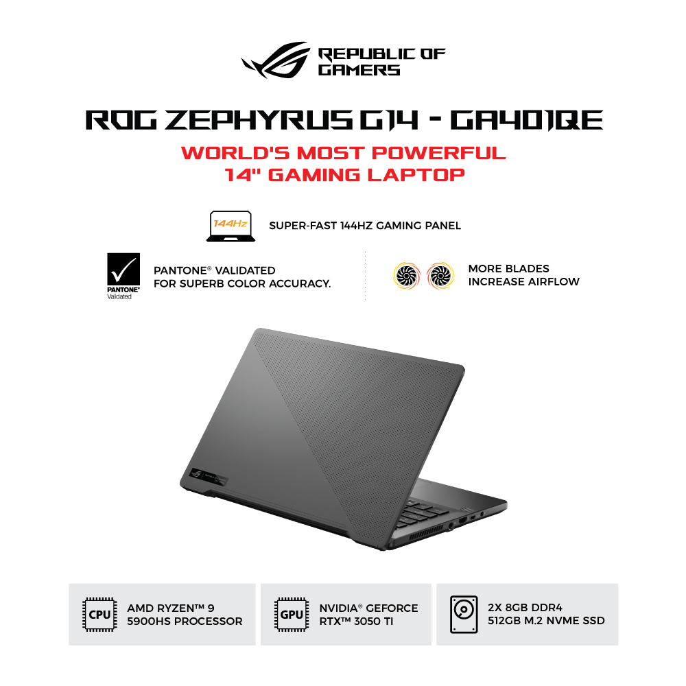 ASUS ROG Zephyrus G14 [GA401QE-R9R5B7G-O] AMD Ryzen 9-5900HS/RAM 16GB/SSD 512GB/RTX 3050 TI/Win10