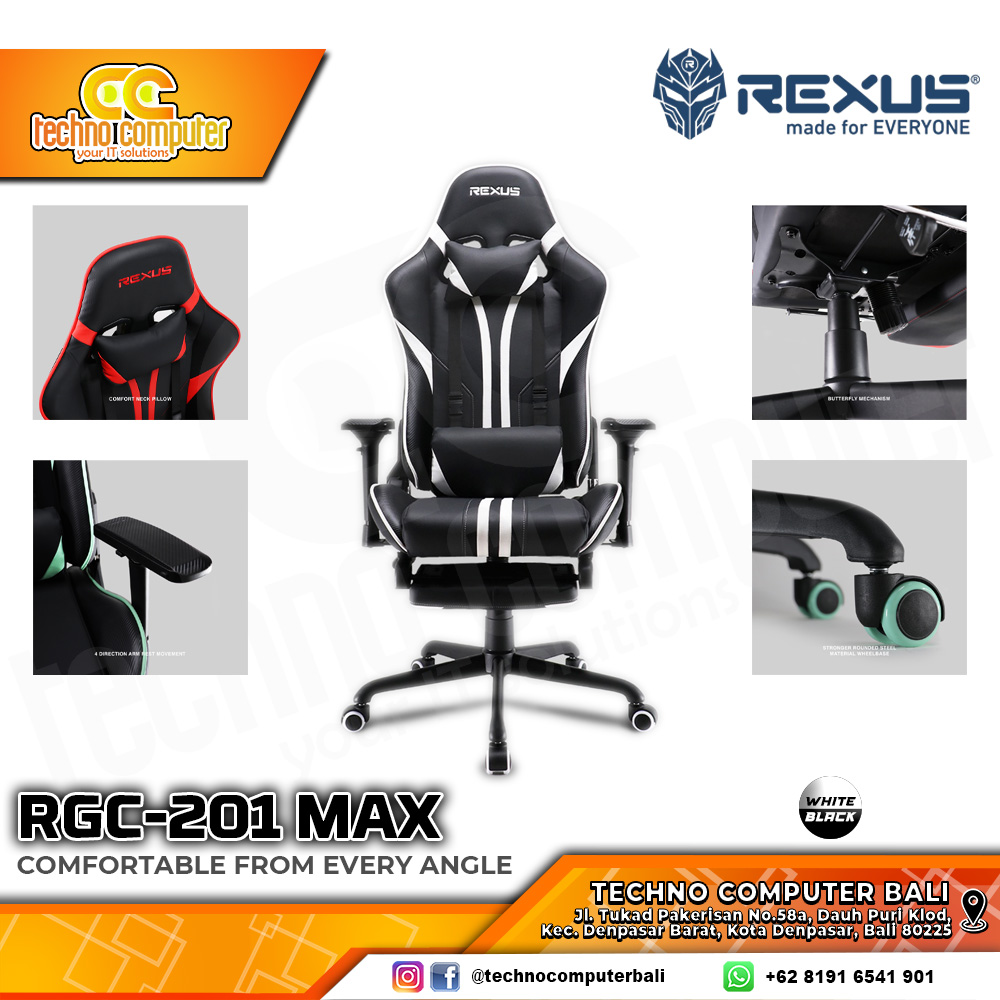 KURSI GAMING REXUS RGC-201 MAX GAMING CHAIR Footrest 4D Armrest - WHITE