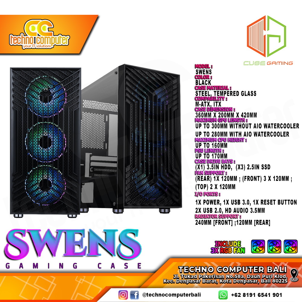 CASING CUBE GAMING SWENS - Mid Tower mATX Case Tempered Glass (Free 3x RGB Fan)