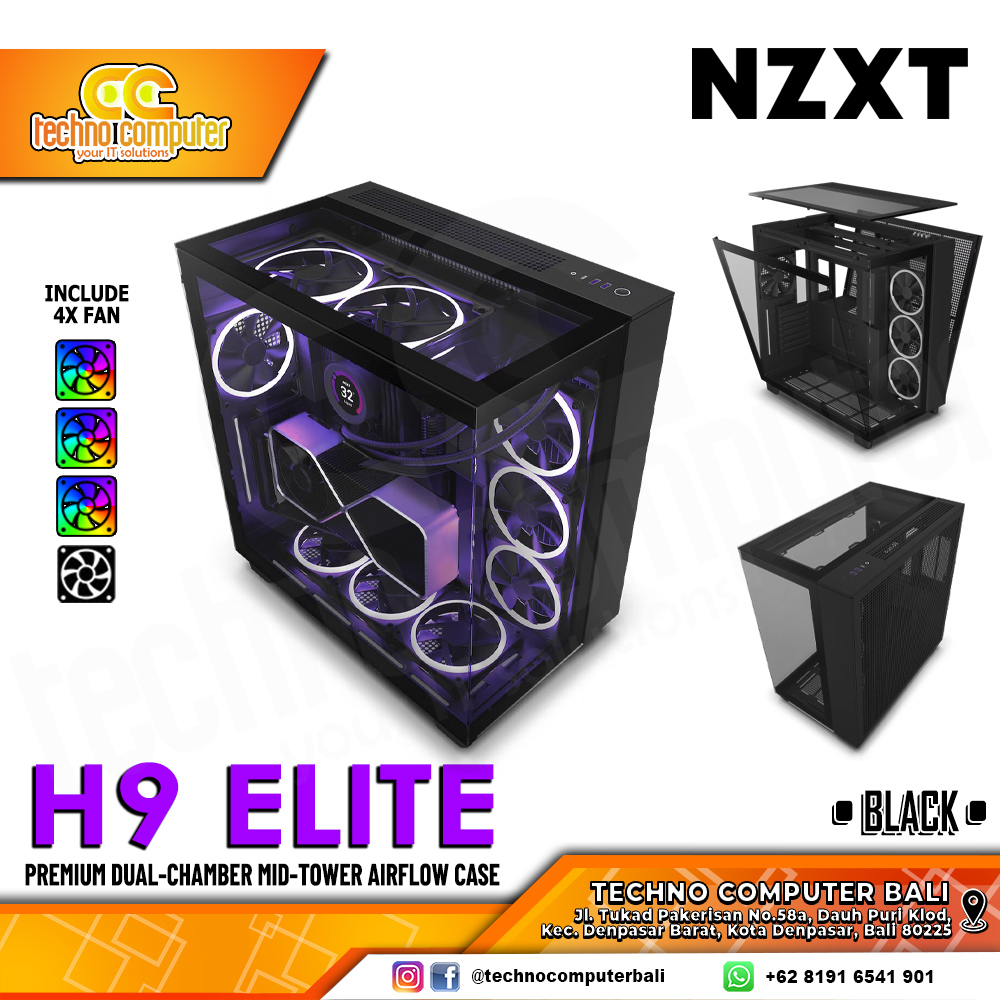 CASING NZXT H9 Elite Edition Black - Dual-Chamber Mid Tower ATX Case Tempered Glass (Free 4x Fan) 
