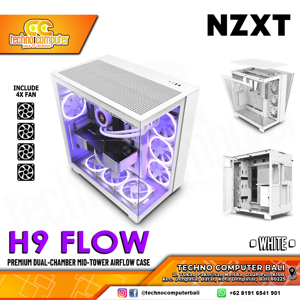 CASING NZXT H9 FLOW Edition White - Dual-Chamber Mid Tower ATX Case Tempered Glass (Free 4x Fan)