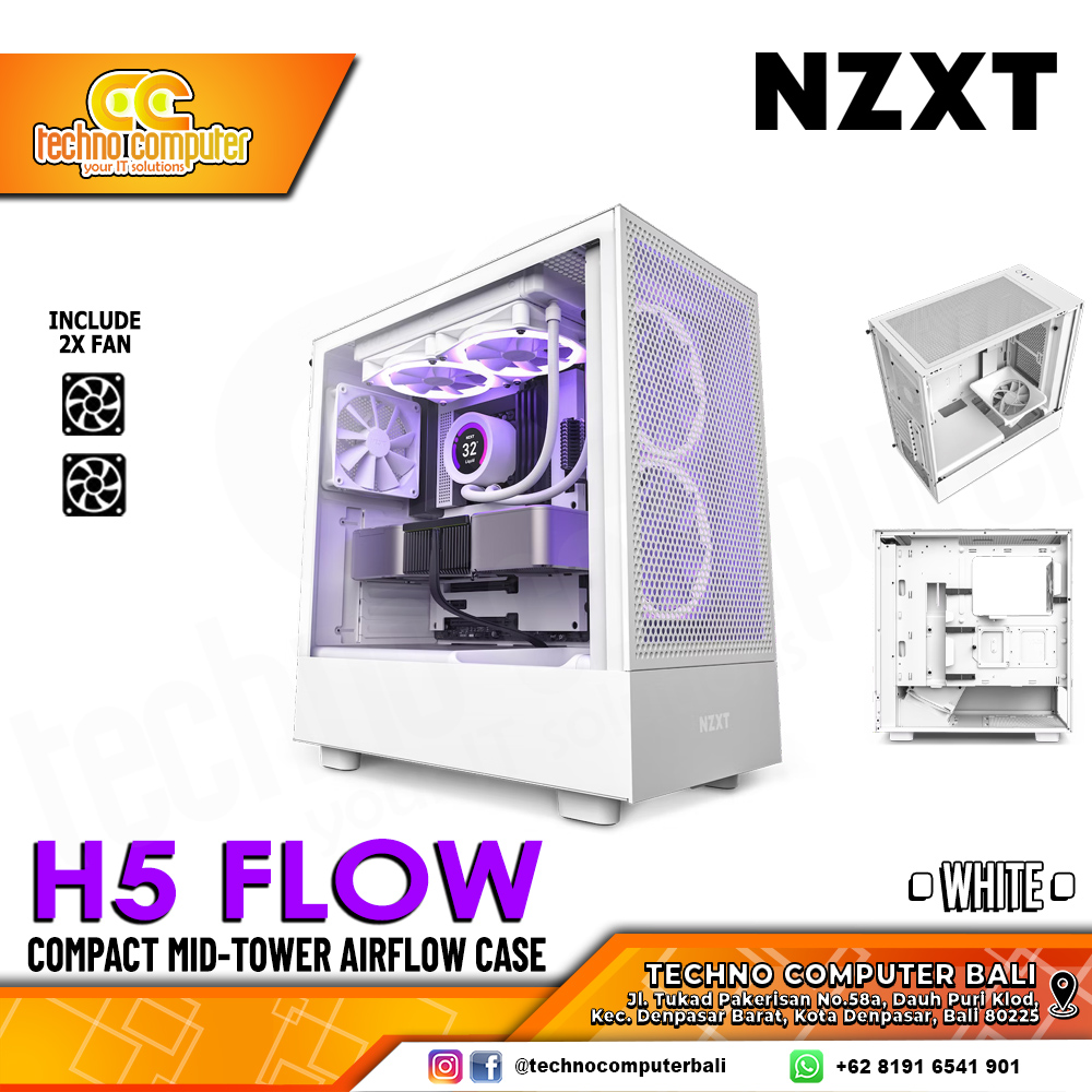 NZXT H5 Flow - Compact ATX Mid-Tower PC Gaming Case - White
