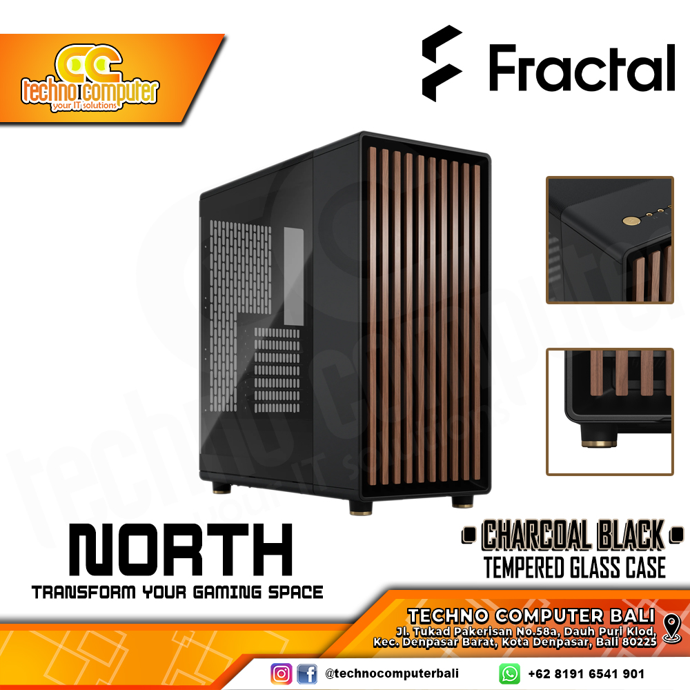 CASING FRACTAL Design NORTH Charcoal Black TG - Mid Tower ATX Case Tempered Glass (Free 2x Fan)