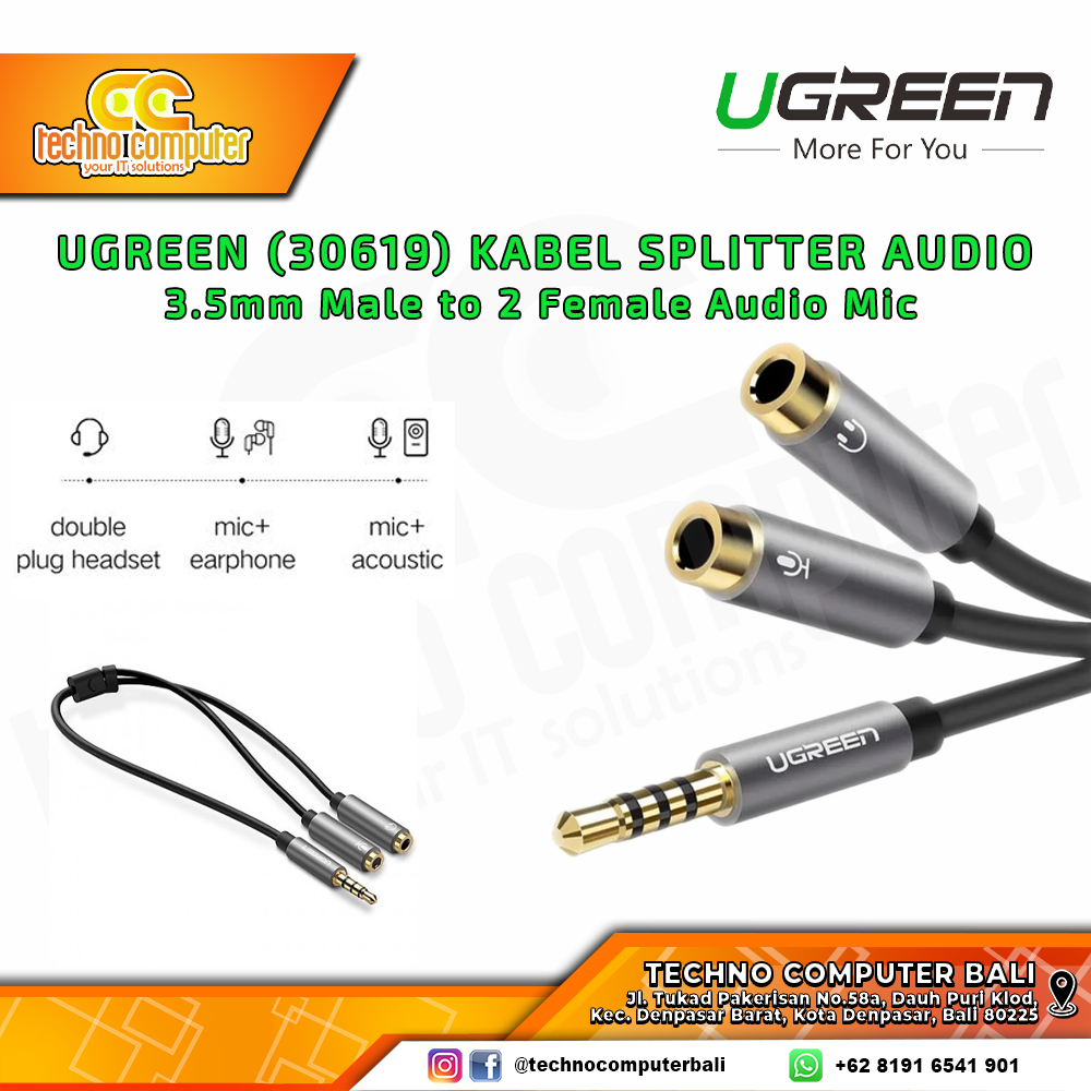 UGREEN KABEL SPLITTER AUDIO - 3.5mm Male to 2 Female Audio Mic - (30619)