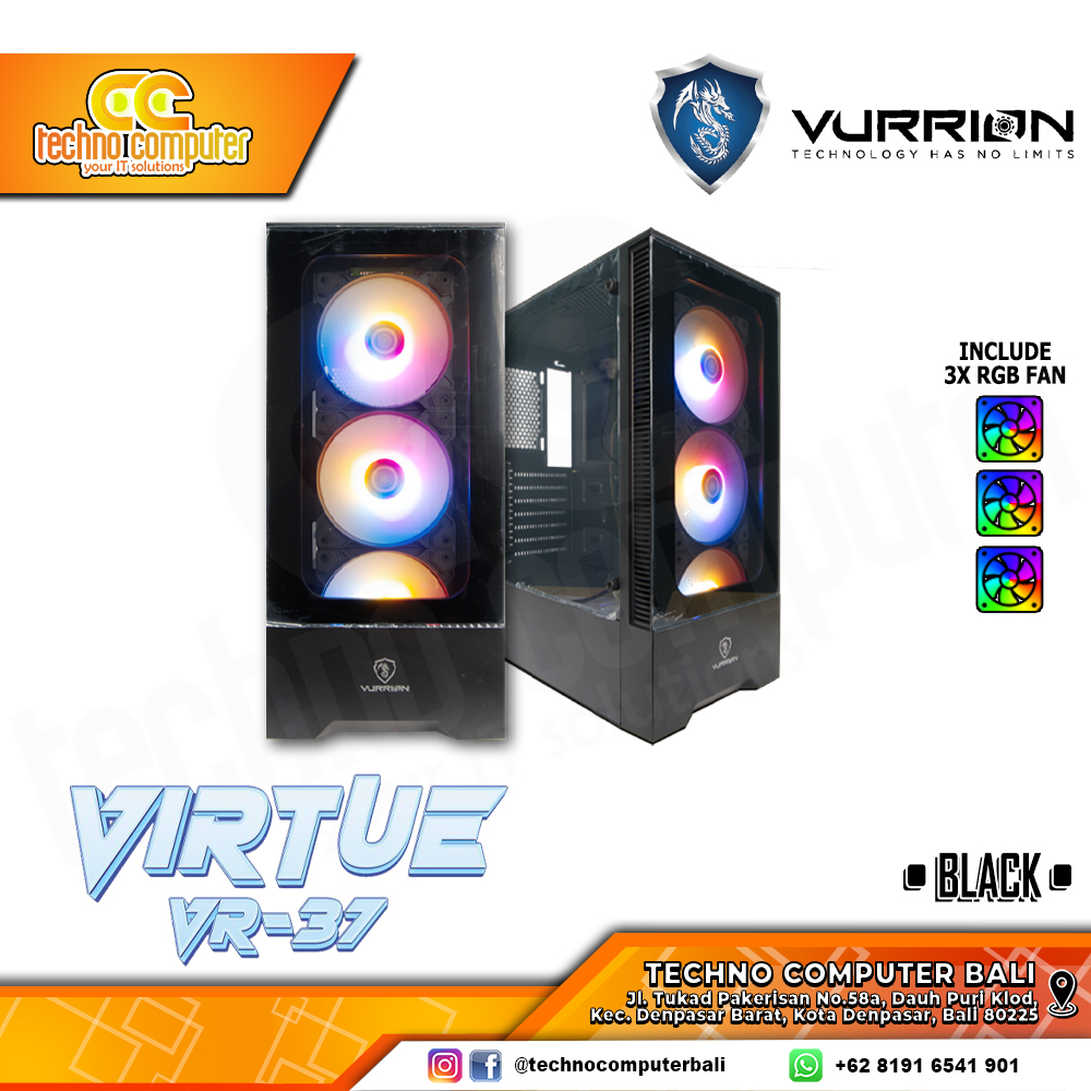 CASING VURRION VIRTUE VR-37 Black - Mid Tower ATX Case Tempered Glass (Free 3x RGB Fan)