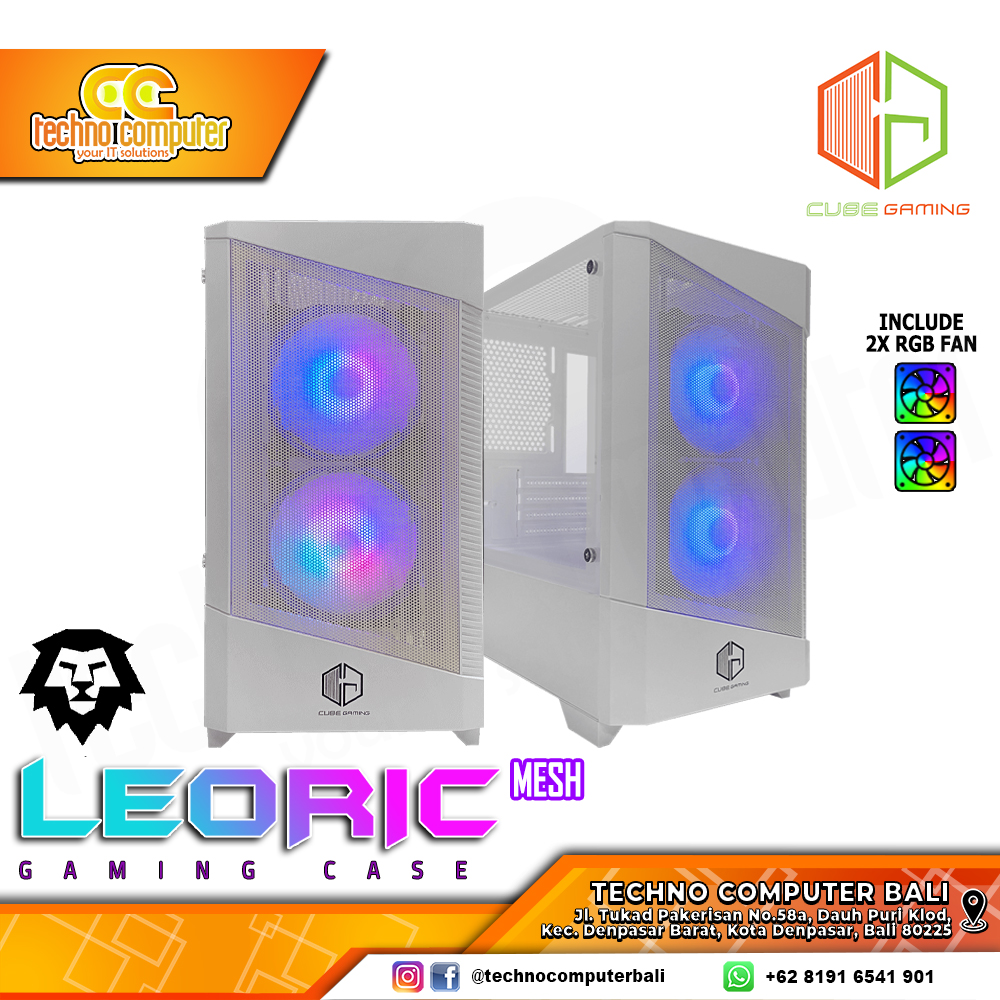 CASING CUBE GAMING LEORIC Mesh White - Mid Tower mATX Case Tempered Glass (Free 2x RGB Fan)