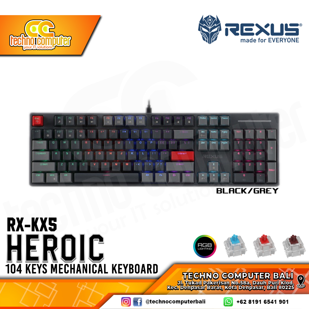 REXUS HEROIC KX5 Black/Grey - Mechanical Brown Switch - Gaming Keyboard