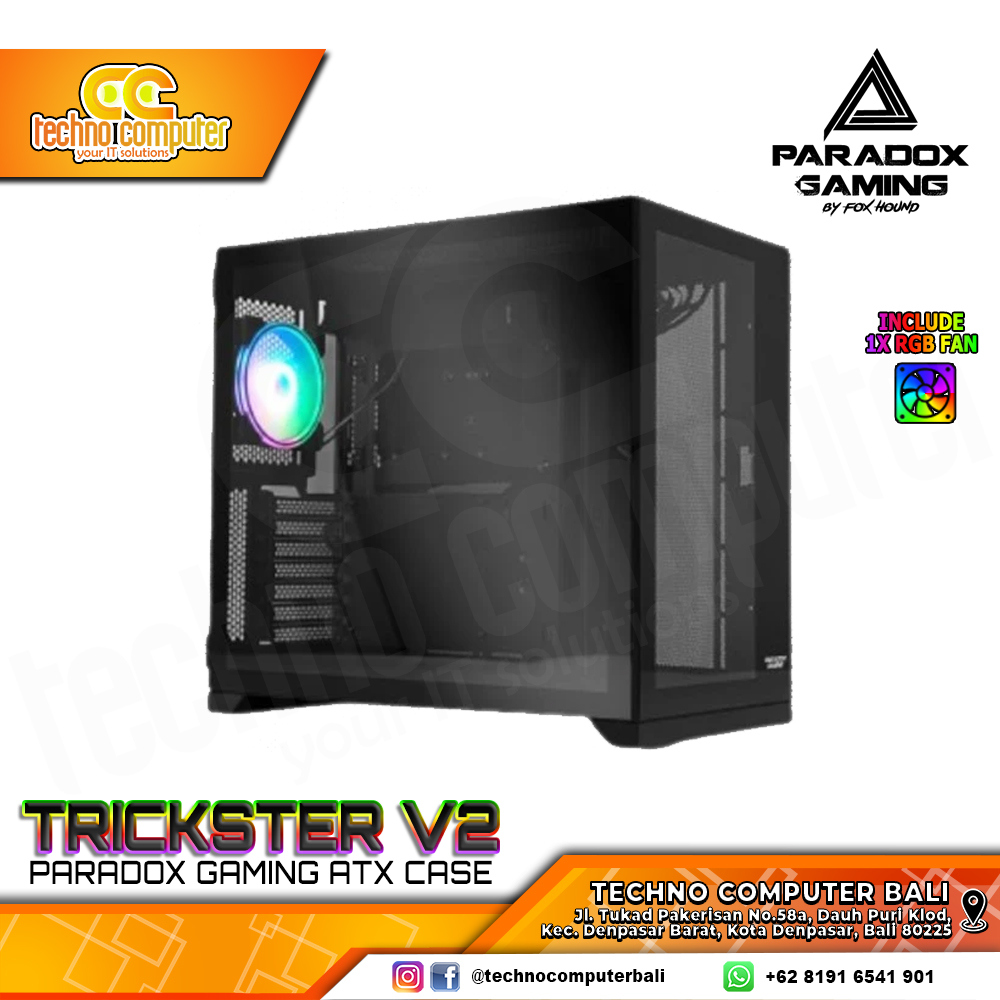 CASING PARADOX GAMING TRICKSTER V2 - Mid Tower ATX Case Tempered Glass (Free 1x ARGB Fan)