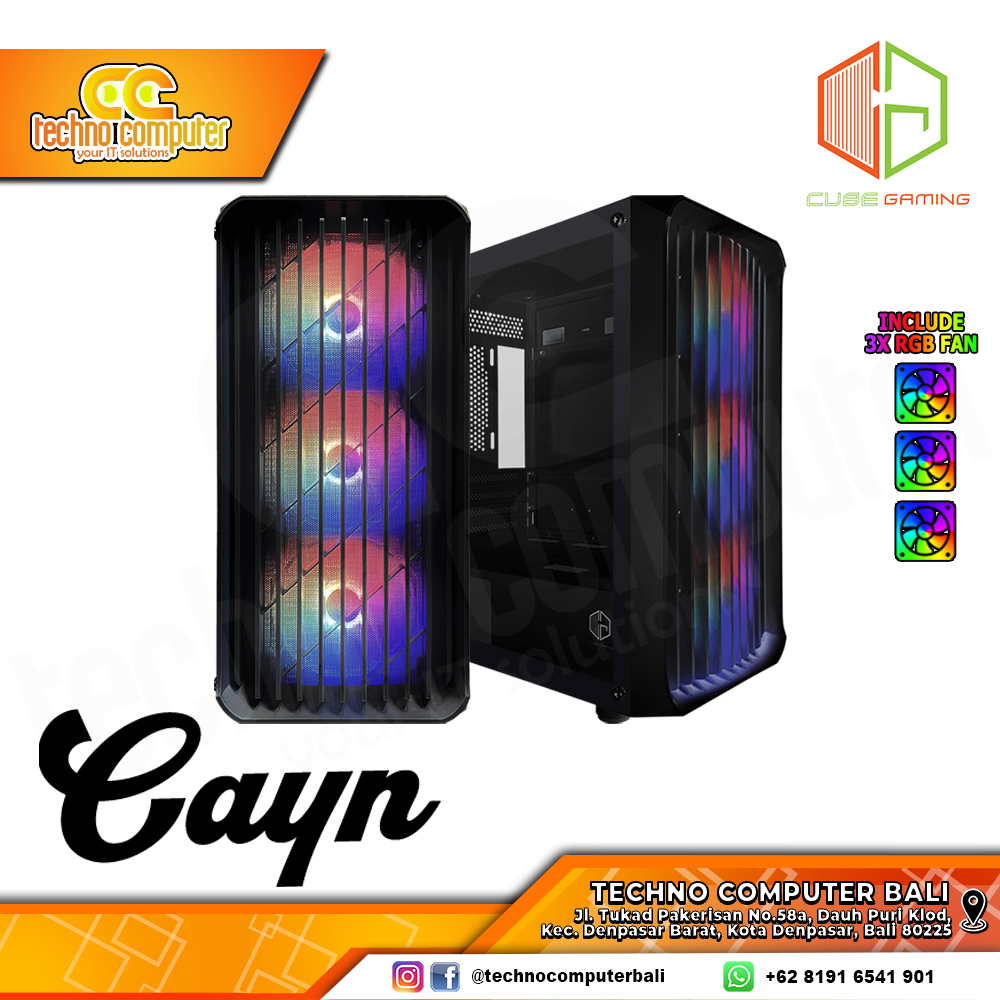 CASING CUBE GAMING CAYN Black - Mid Tower mATX Case Tempered Glass (Free 3x RGB Fan)