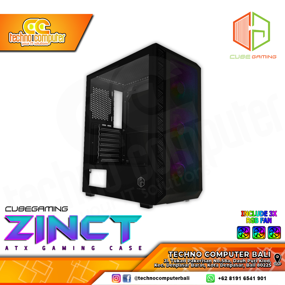 CASING CUBE GAMING ZINCT Black - Mid Tower ATX Case Tempered Glass (Free 3x RGB Fan)