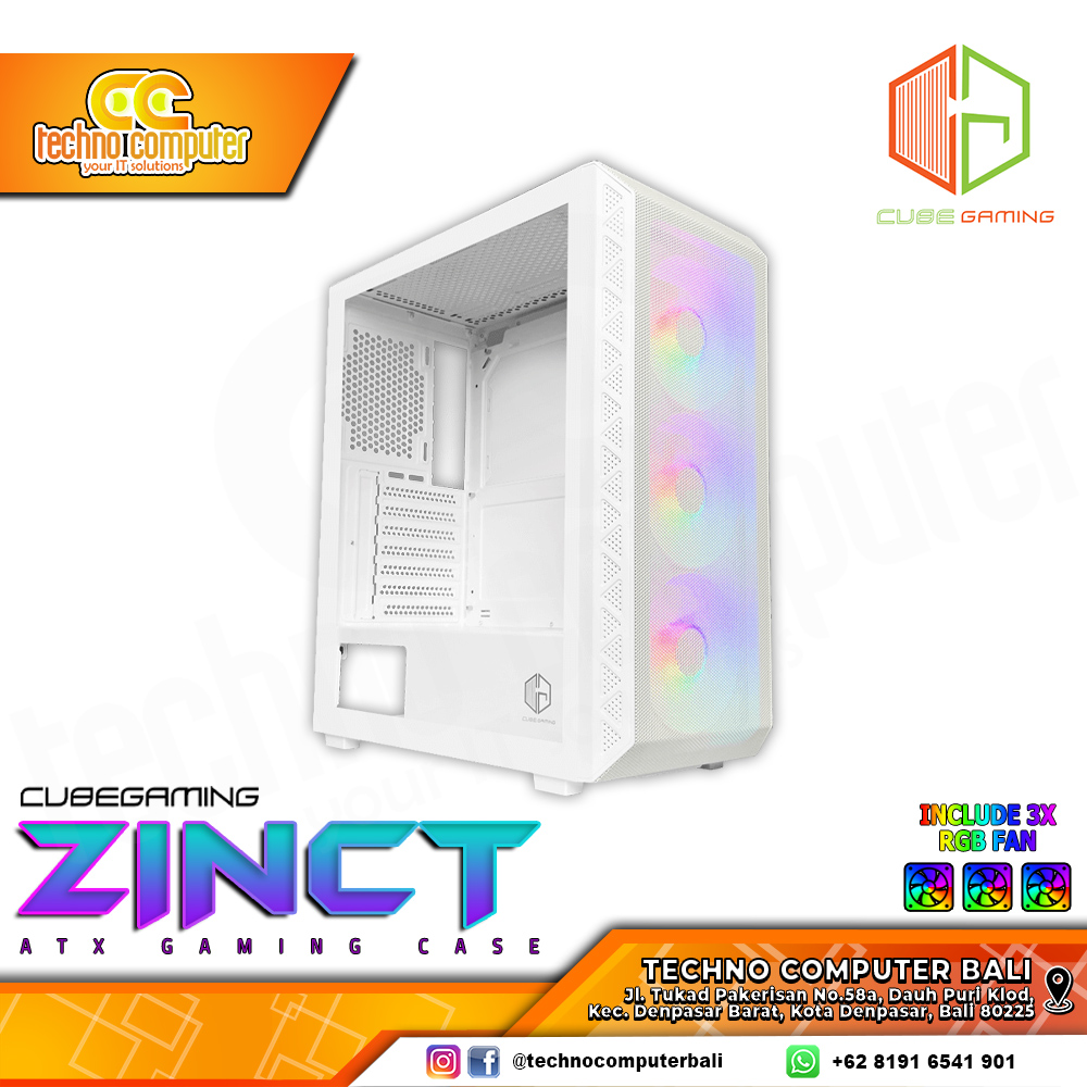 CASING CUBE GAMING ZINCT White - Mid Tower ATX Case Tempered Glass (Free 3x RGB Fan)