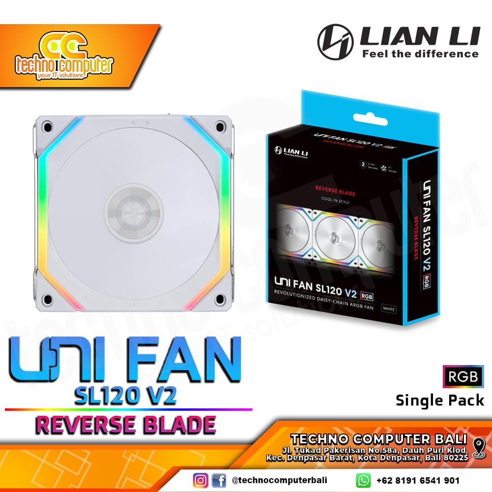 FAN CASING LIAN LI UNI FAN SL120 V2 REVERSE BLADE WHITE - 120mm Single Pack ARGB Fan