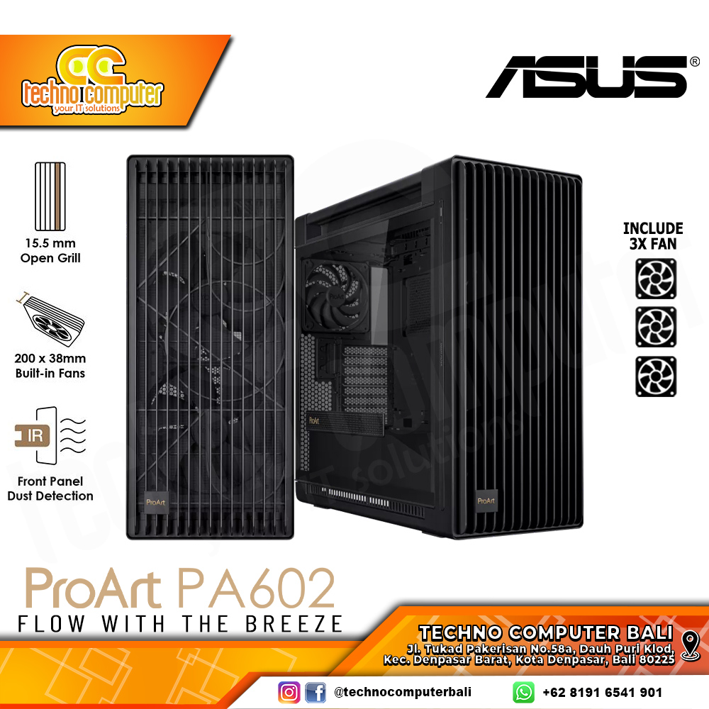 CASING ASUS PROART PA602 Black - Mid Tower E-ATX Tempered Glass Case (Free 3x Fan)