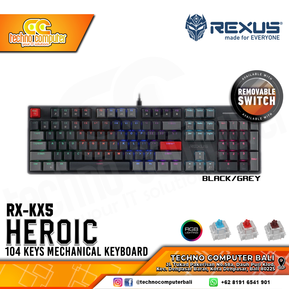 REXUS HEROIC KX5 V2 Black/Grey - Mechanical Brown Switch - Gaming Keyboard