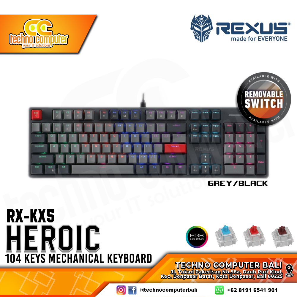 REXUS HEROIC KX5 V2 Grey/Black - Mechanical Blue Switch - Gaming Keyboard