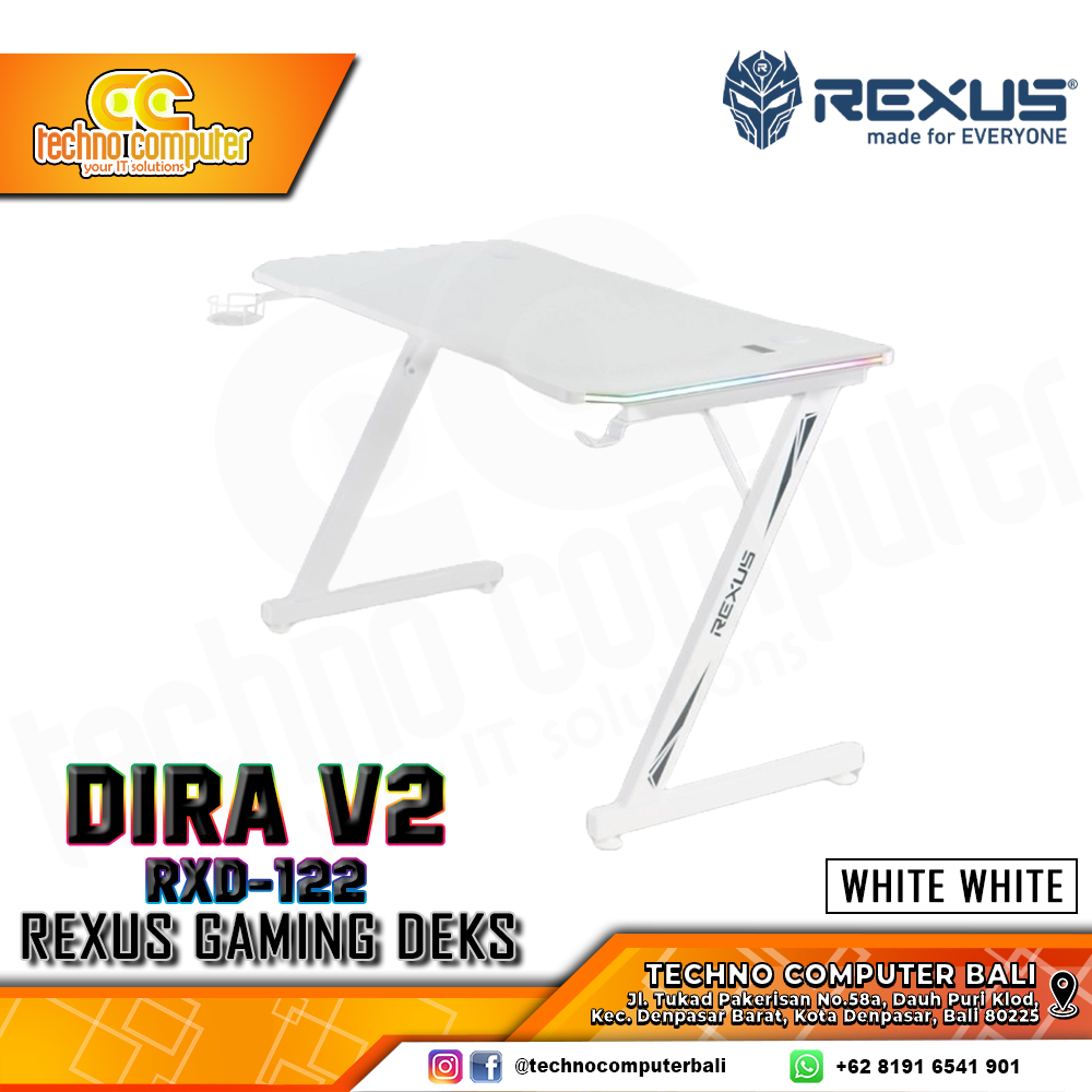 MEJA GAMING REXUS DIRA V2 RXD-122 RGB GAMING DESK With Headphone Hook & Cup Holder - WHITE/WHITE