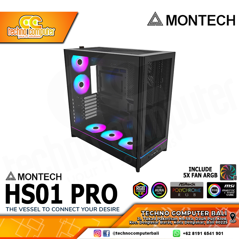 CASING MONTECH HS01 PRO Mesh Black - Mid Tower ATX Case Tempered Glass (Free 5x ARGB Fan)
