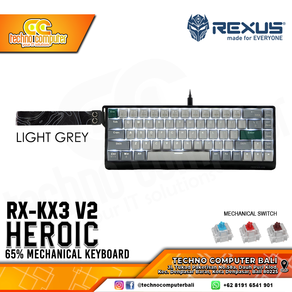REXUS HEROIC KX3 V2 65% Light Grey - Mechanical Hotswap Blue Switch - Gaming Keyboard