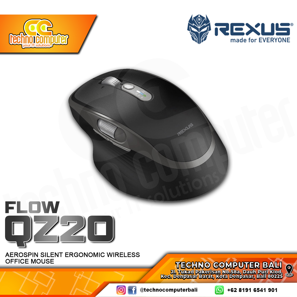 REXUS Flow QZ20 Ergonomic Silent Click Wireless Black - Office Mouse Wireless