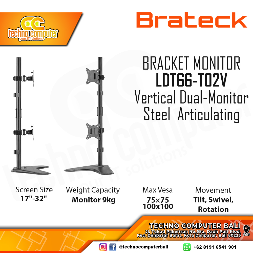 Bracket Monitor TV 17-32inch BRATECK LDT66-T02V Vertical Dual-Monitor Steel Articulating