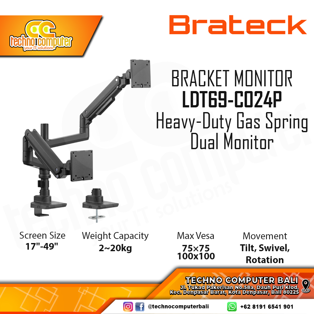 Bracket Monitor TV 17-49inch BRATECK LDT69-C024P Heavy-Duty Gas Spring Dual Monitor