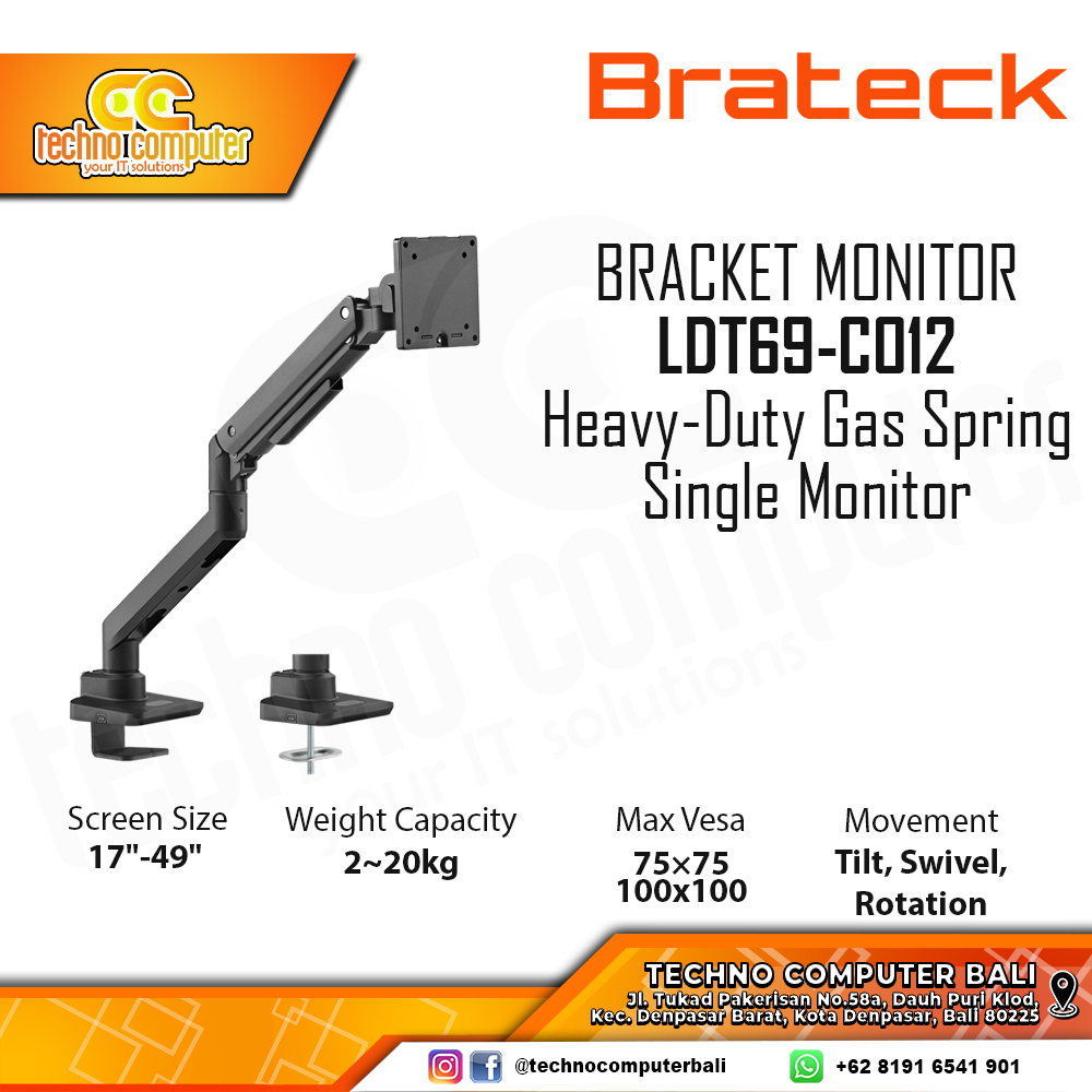 Bracket Monitor TV 17-49inch BRATECK LDT69-C012 Heavy-Duty Gas Spring Single Monitor