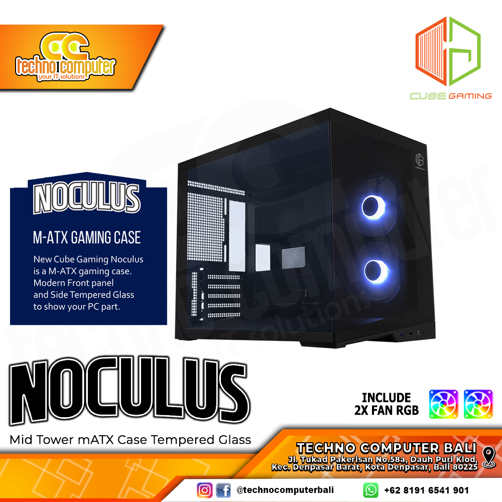 CASING CUBE GAMING NOCULUS Black - Mid Tower mATX Case Tempered Glass (Free 2x RGB Fan)