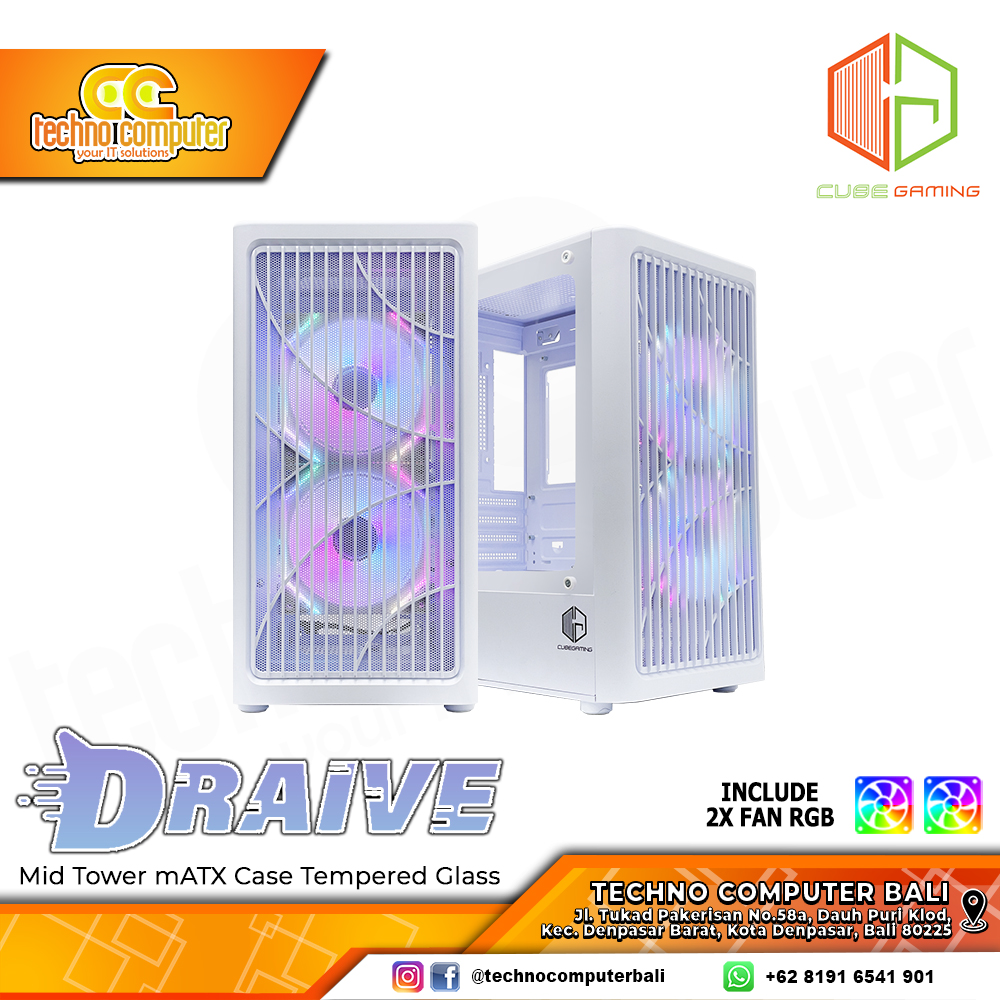 CASING CUBE GAMING DRAIVE White - Mid Tower mATX Case Tempered Glass (Free 2x RGB Fan)