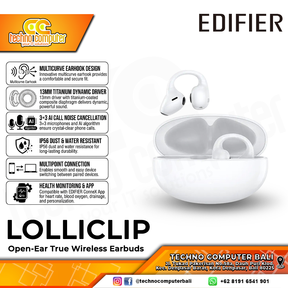 EARPHONE TWS EDIFIER LOLLICLIP Open-ear True Wireless Earbuds White - Wireless Earphone