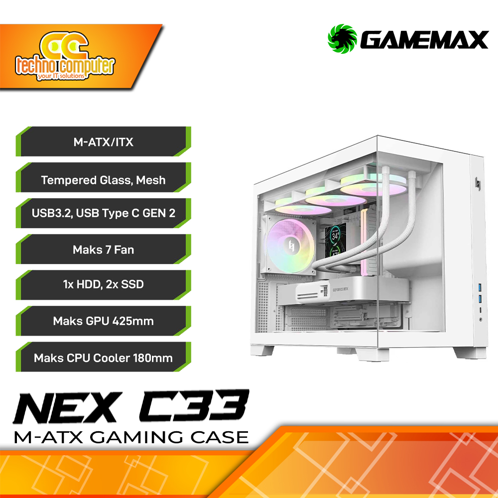 CASING GAMEMAX NEX C33 White - Mid Tower mATX Case Tempered Glass (Free 4x ARGB Fan)
