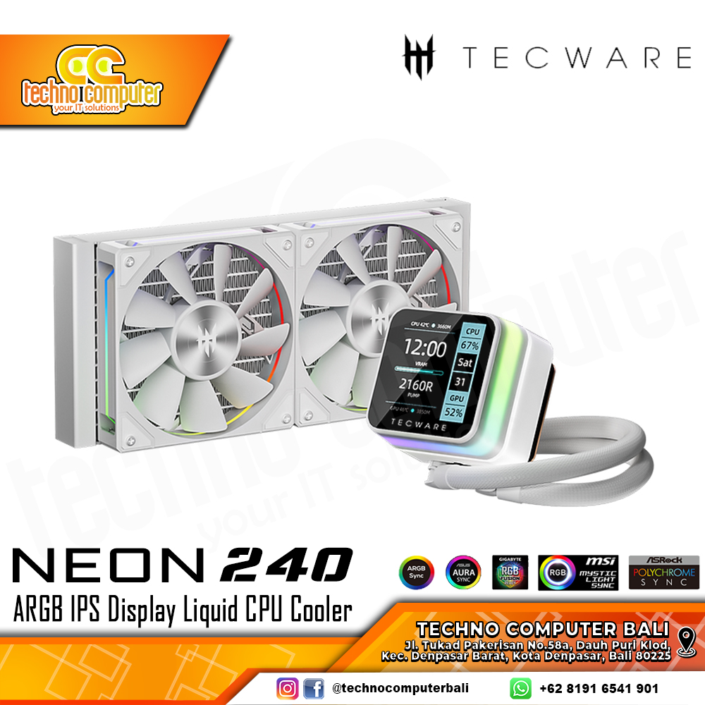 CPU COOLER TECWARE NEON 240 ARGB with LCD Display White - 240mm AIO Liquid Cooler