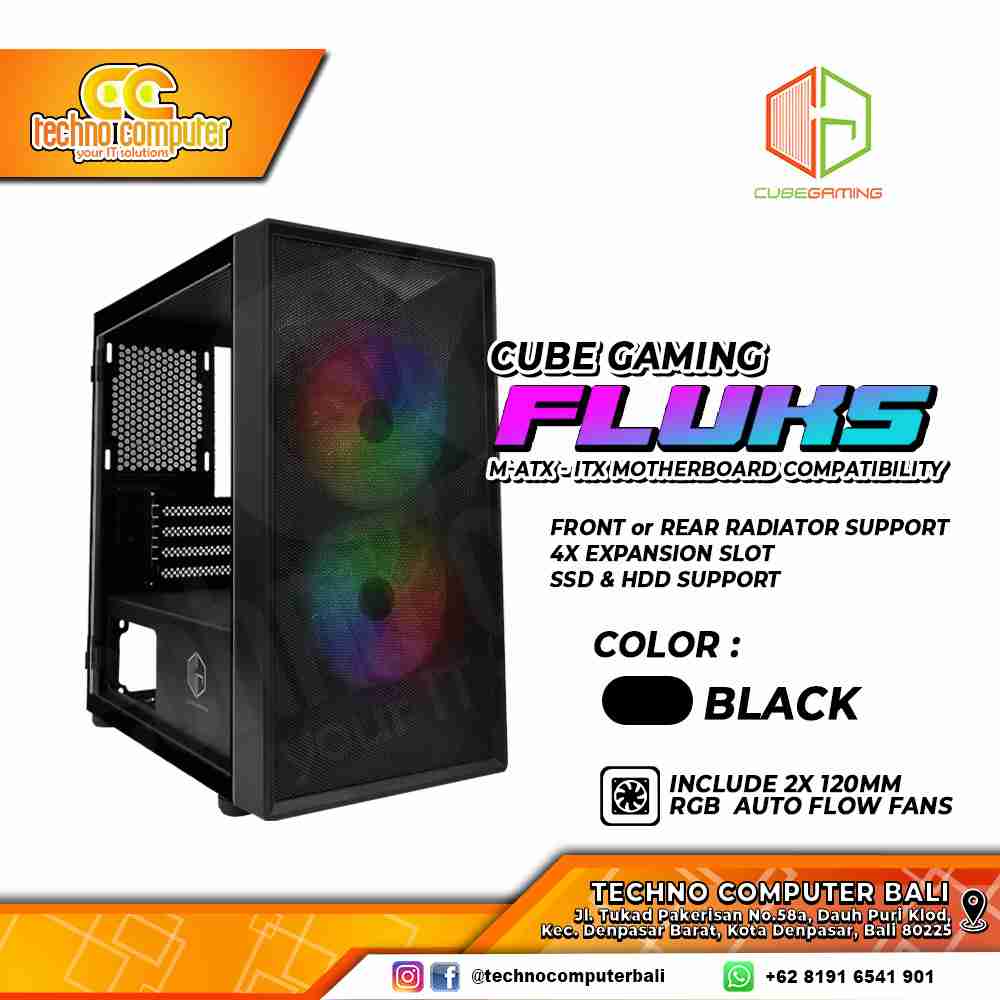 CASING CUBE GAMING FLUKS Black - Mid Tower mATX Case Tempered Glass (Free 2x RGB Fan)
