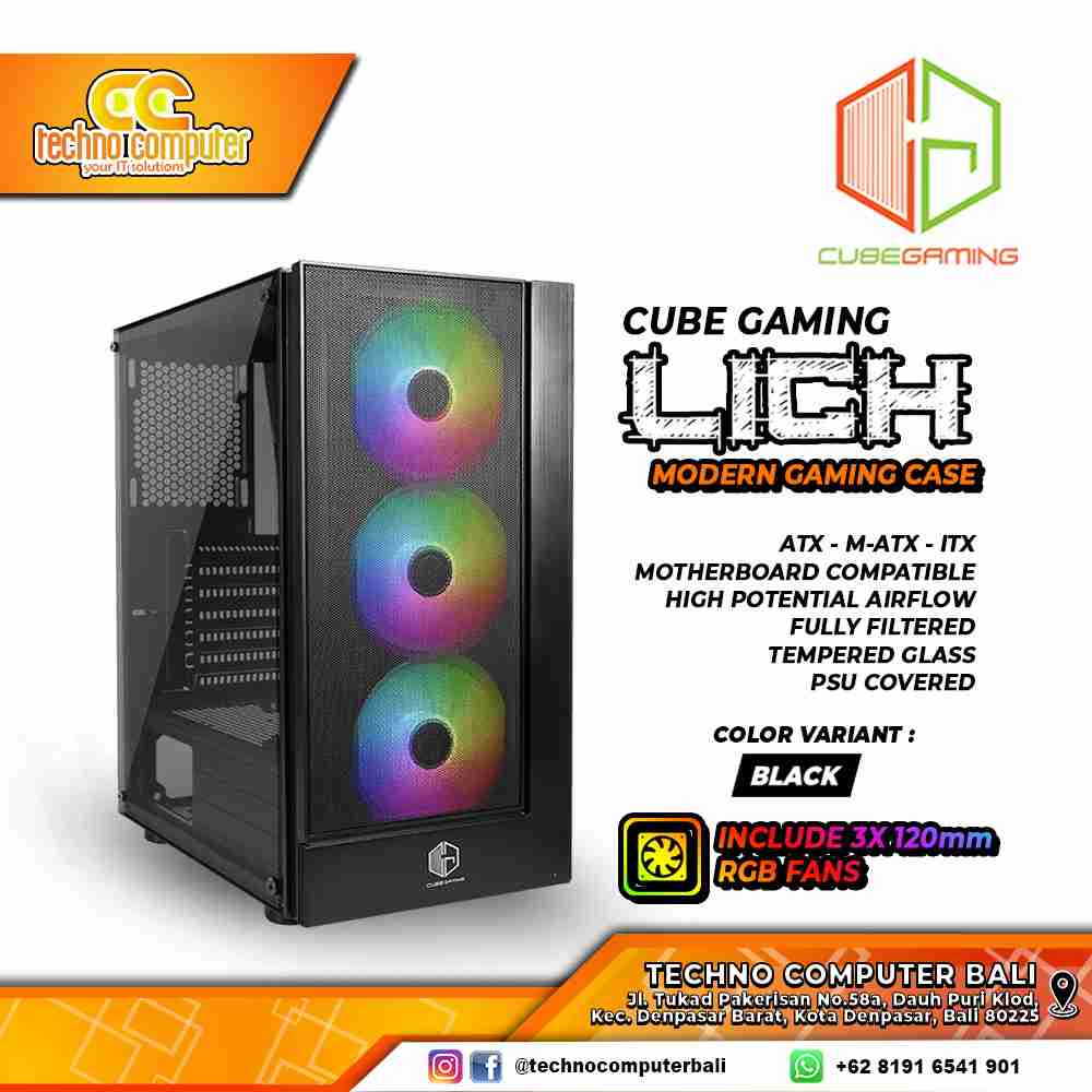 CASING CUBE GAMING LICH Black - Mid Tower ATX Case Tempered Glass (Free 3x RGB Fan)