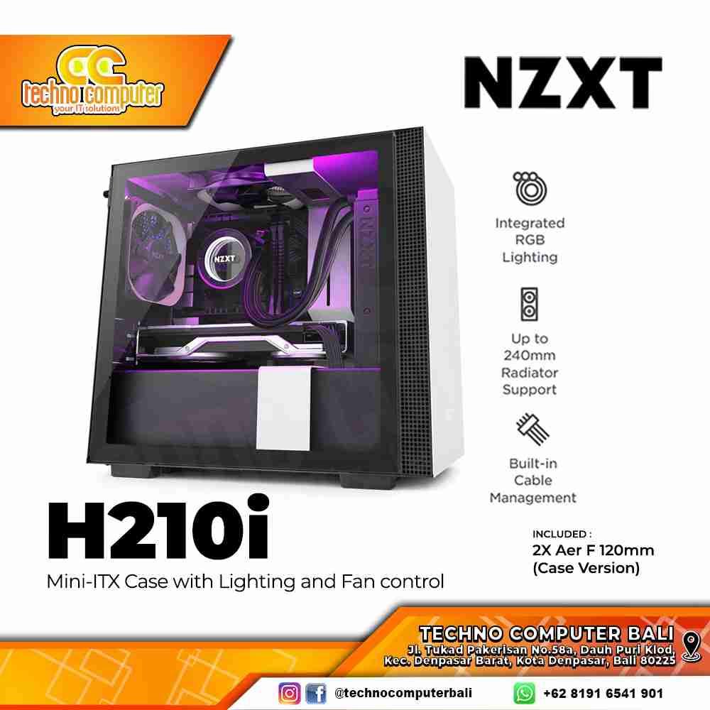 CASING NZXT H210i Matte White - Mid Tower mITX Case Tempered Glass (Free 2x Fan)