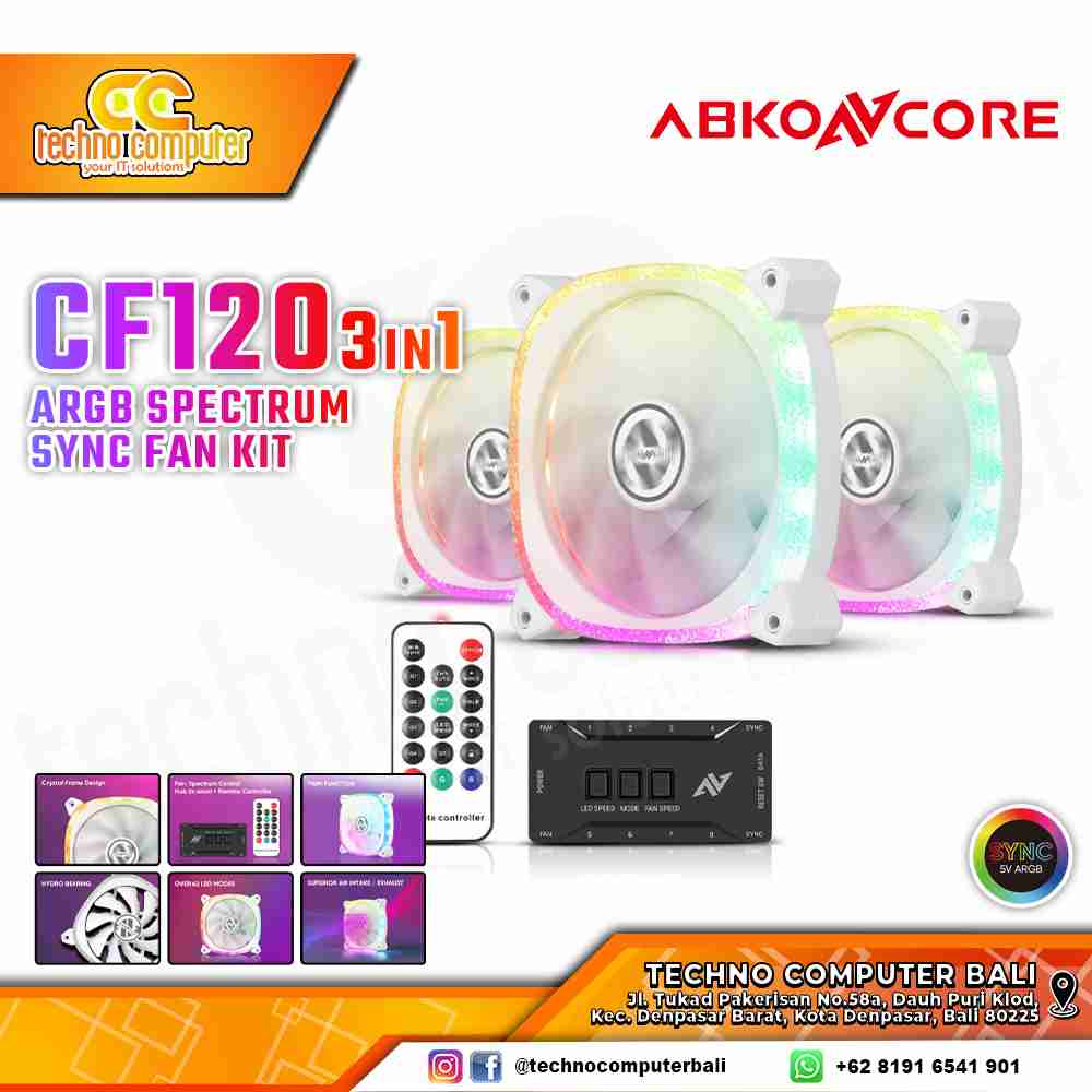 FAN CASING ABKONCORE CF120 WHITE - 120mm Triple Pack ARGB SPECTRUM SYNC with Remote Kit