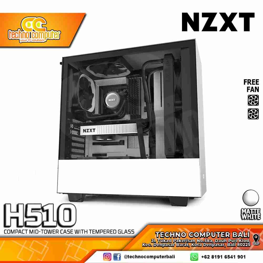 CASING NZXT H510 Matte White - Mid Tower ATX Case Tempered Glass (Free 2x Fan)