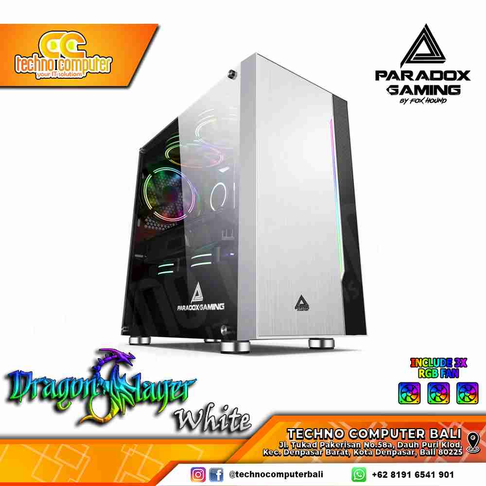CASING PARADOX GAMING DRAGON SLAYER White - Mid Tower mATX Case Tempered Glass (Free 3x RGB Fan)