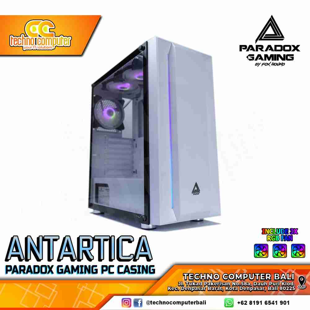 CASING PARADOX GAMING ANTARTICA - Mid Tower ATX Case Tempered Glass (Free 3x RGB Fan)